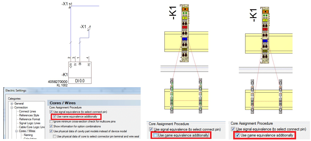 The automatic routing of cables in E3.panel now also considers name equivalents in addition to equivalent symbols, so that wires can be connected precisely to their intended terminal.