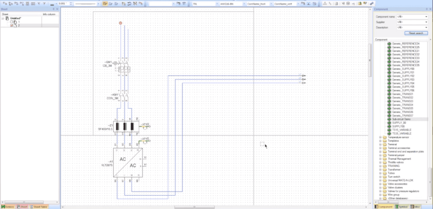 an electrical schematic in Zuken's E3.series software with various components and connections, reflecting the detailed process involved in creating and using subcircuits in a project.