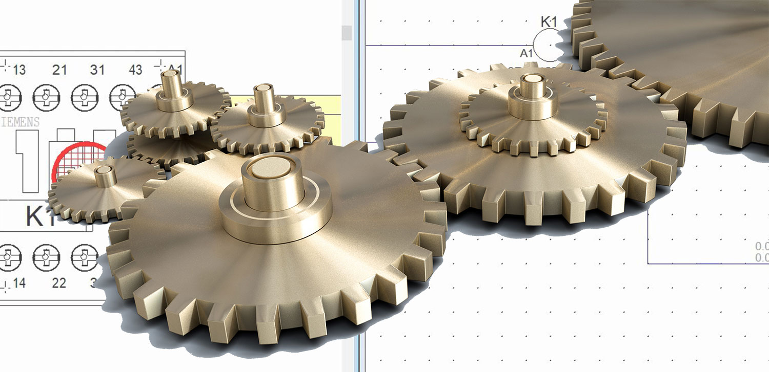 Interlocking gears with a technical drawing, the intricate process of configurable electrical designs and the detailed planning that goes into their creation