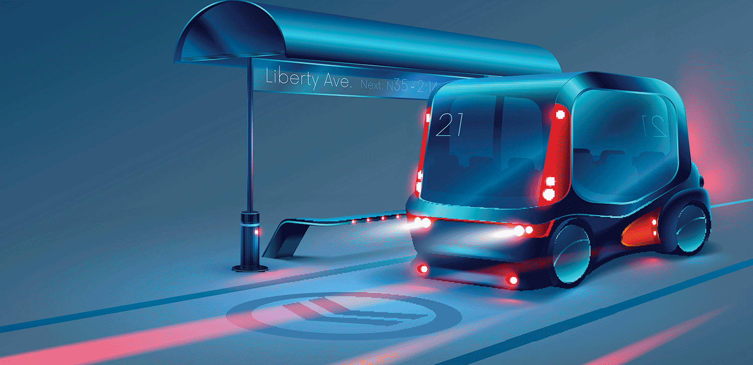 An illustration of an autonomous, self-driving shuttle bus, 3d printed self driving bus