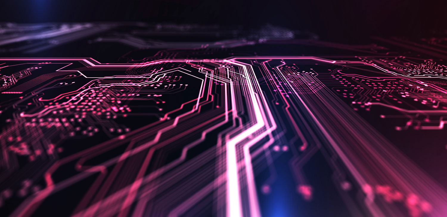 An intricate network of pink and blue illuminated lines on a circuit board, symbolizing high-speed signal paths and the precision needed to calculate trace length from time delay values.
