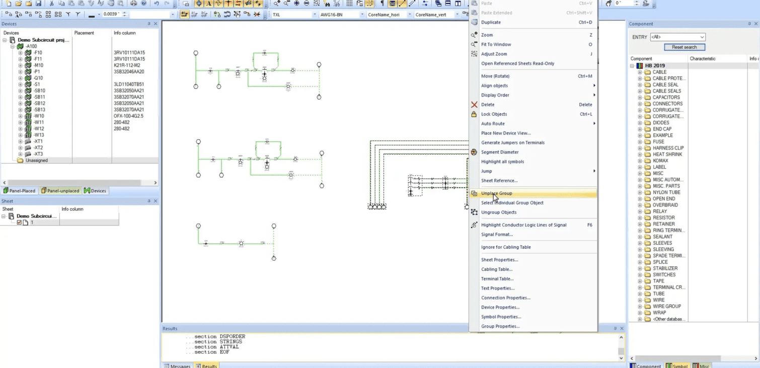 Electrical engineering software interface displaying schematic diagrams and component lists, illustrating a tech tip for exporting multiple unplaced groups in Zuken's E3.series