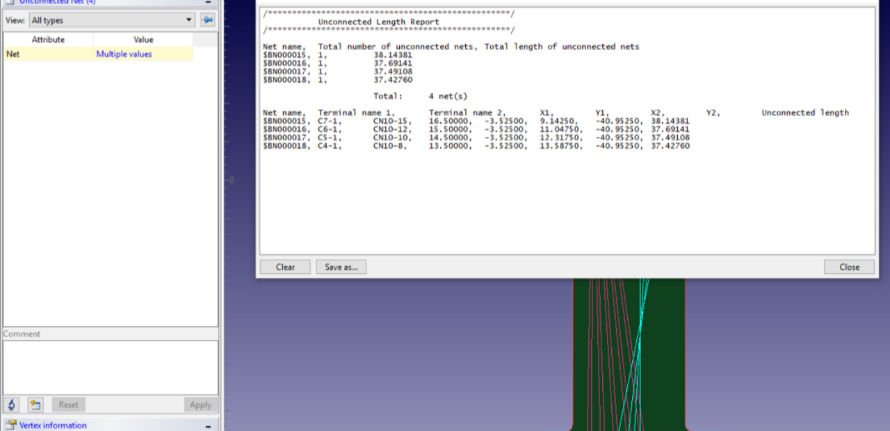 A computer software interface displaying a PCB unconnected length report, highlighting specific data points and measurements, associated with the physical layout and design of PCBs