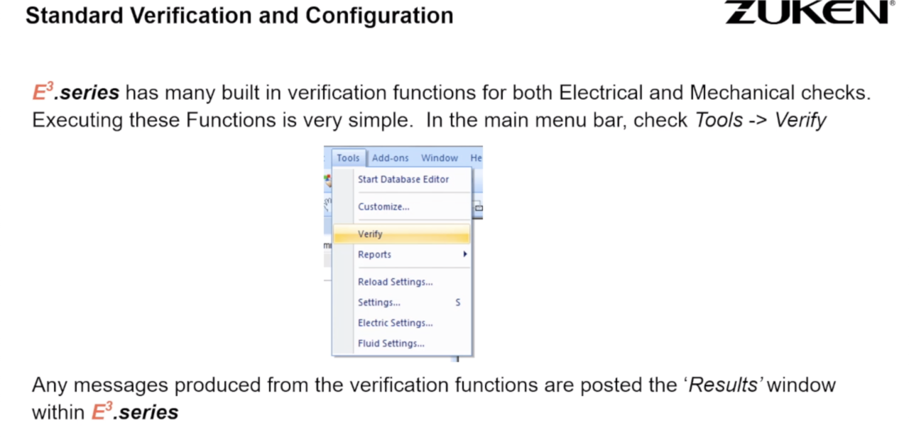 E3.series software interface highlighting the 'Verify' menu option with sub-options for various standard verification and configuration checks in electrical and mechanical design