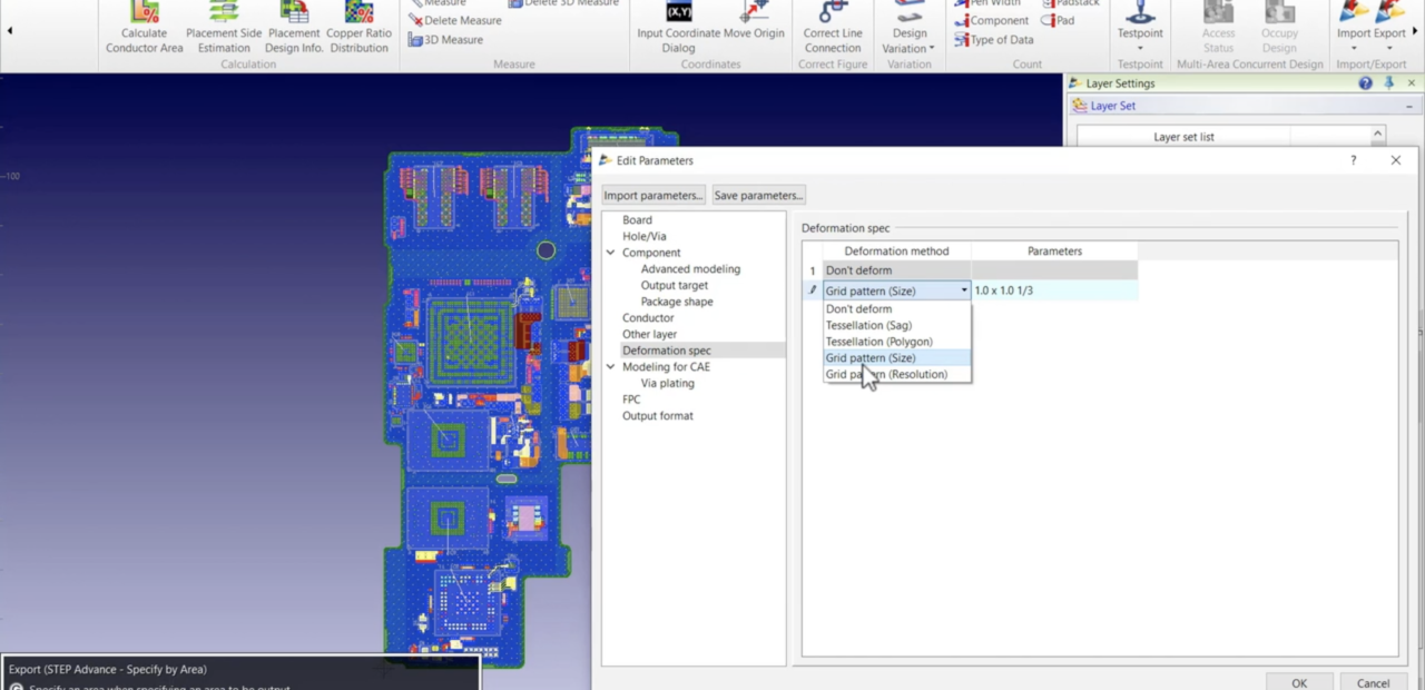 a PCB design layout with various parameters and settings on the right-hand side, illustrating the process of preparing the design data for export and subsequent simulation. integration capabilities between ECAD and MCAD tools for advanced engineering simulations.