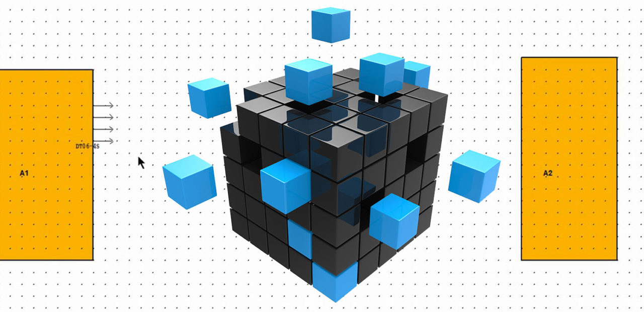 E3.series software for electrical wiring, with a central cube made of smaller cubes and floating blue cubes, representing blocks.