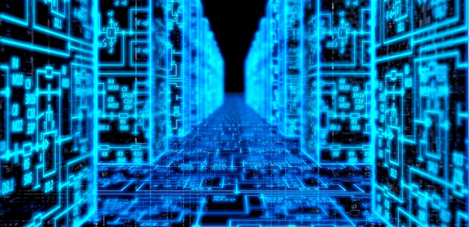 blue light circuits extending towards the horizon, symbolizing the complex and structured world of PCB design data management