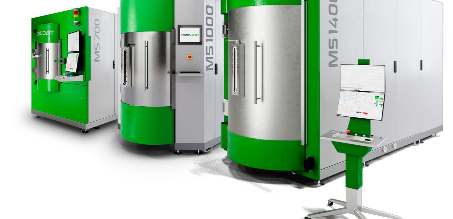 A set of three green and white high-tech coating machines from Inorcoat, designed for environmentally friendly production that is affordable