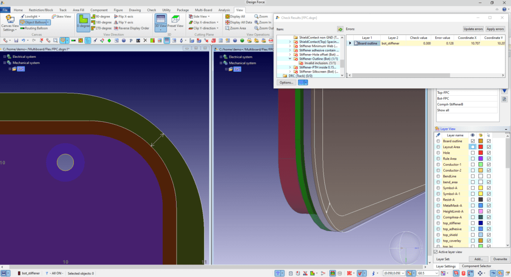 CR-8000 software screenshot showing a metal stiffener space violation