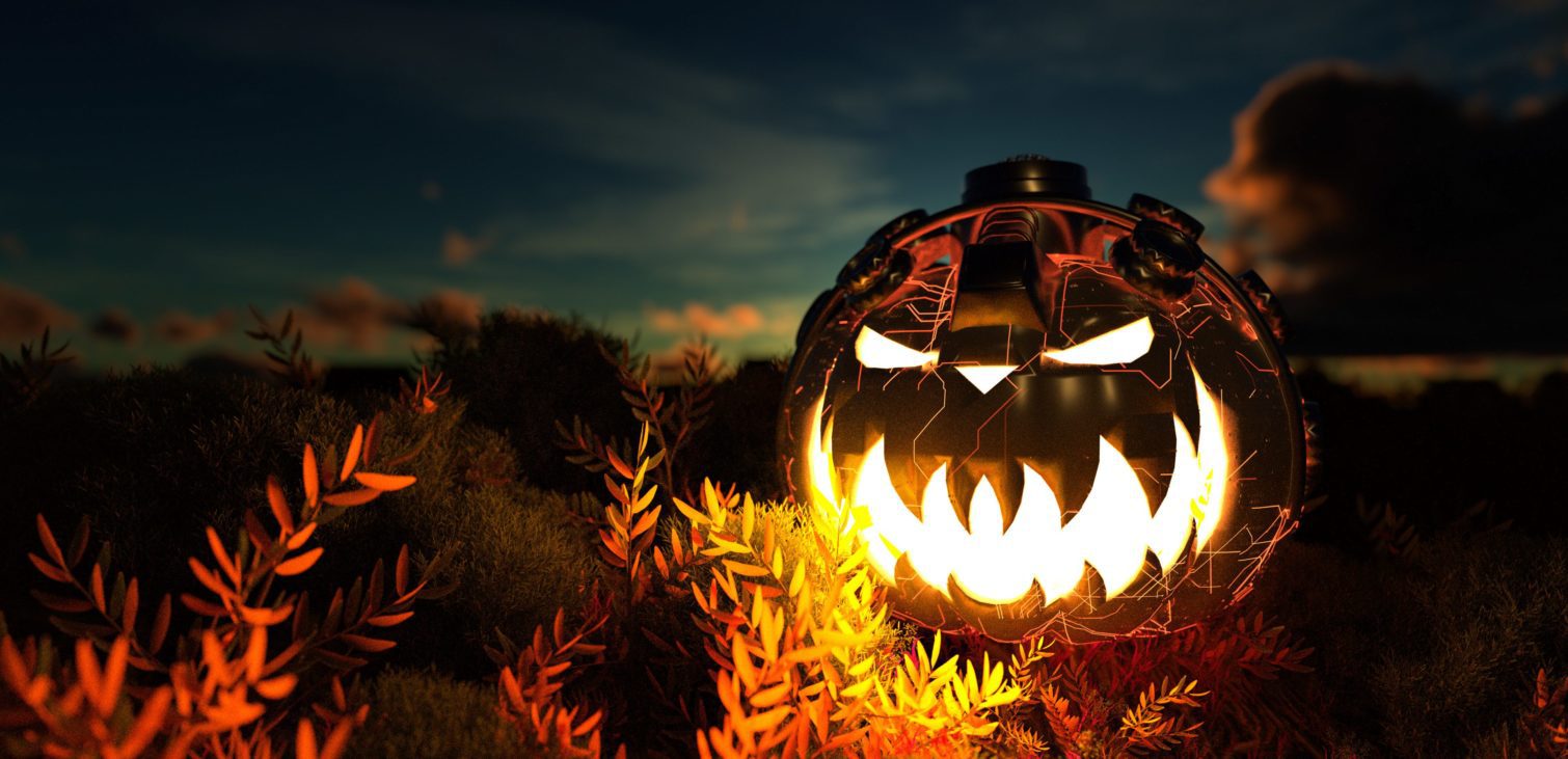A spooky Halloween-themed scene with a carved pumpkin glowing ominously at dusk in the foreground, E3 tips and tricks