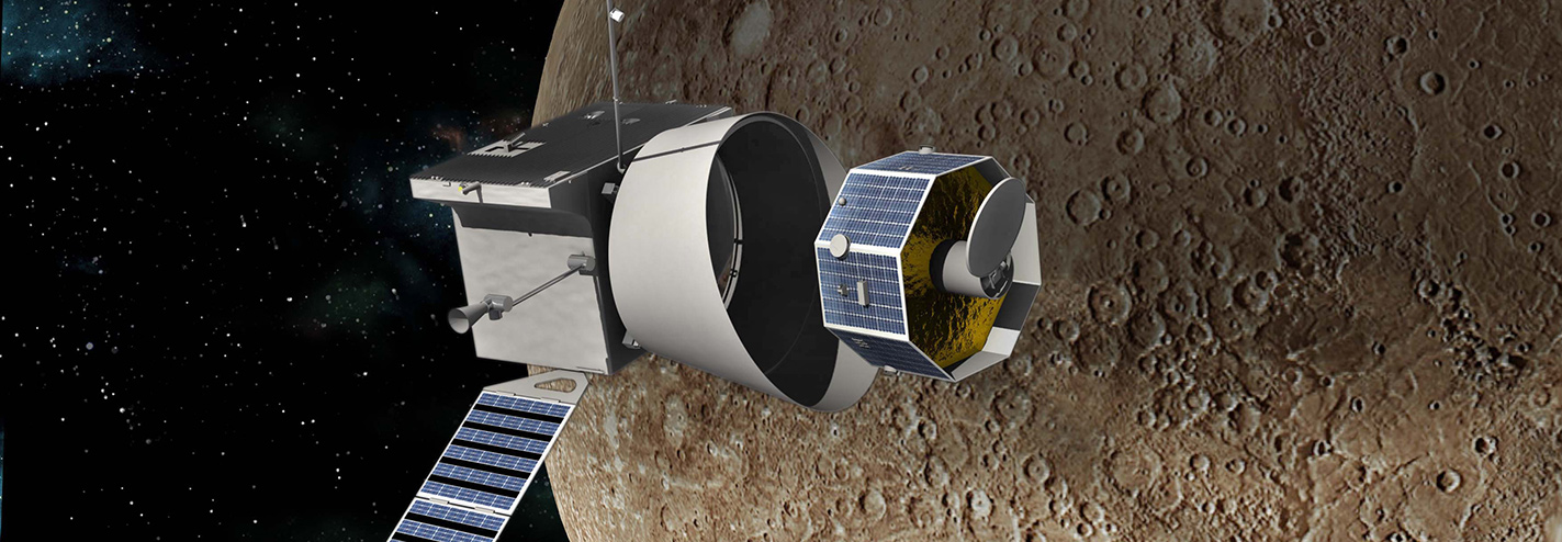 A satellite in orbit around the moon, depicting advanced space technology and exploration, measuring Earth through innovative aerospace equipment and missions