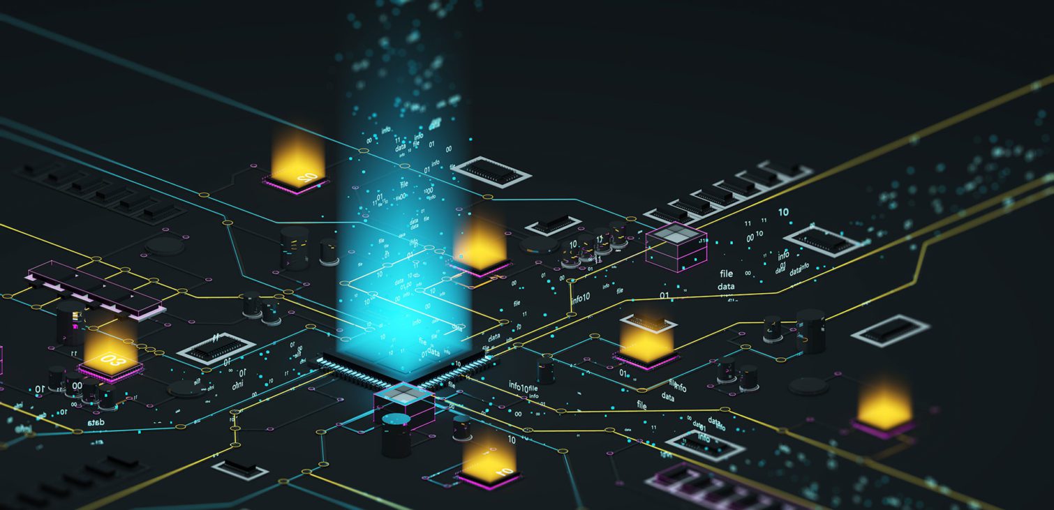 A stylized graphic of a circuit board with a central chip, representing high-speed data transfer and LPDDR4 memory design