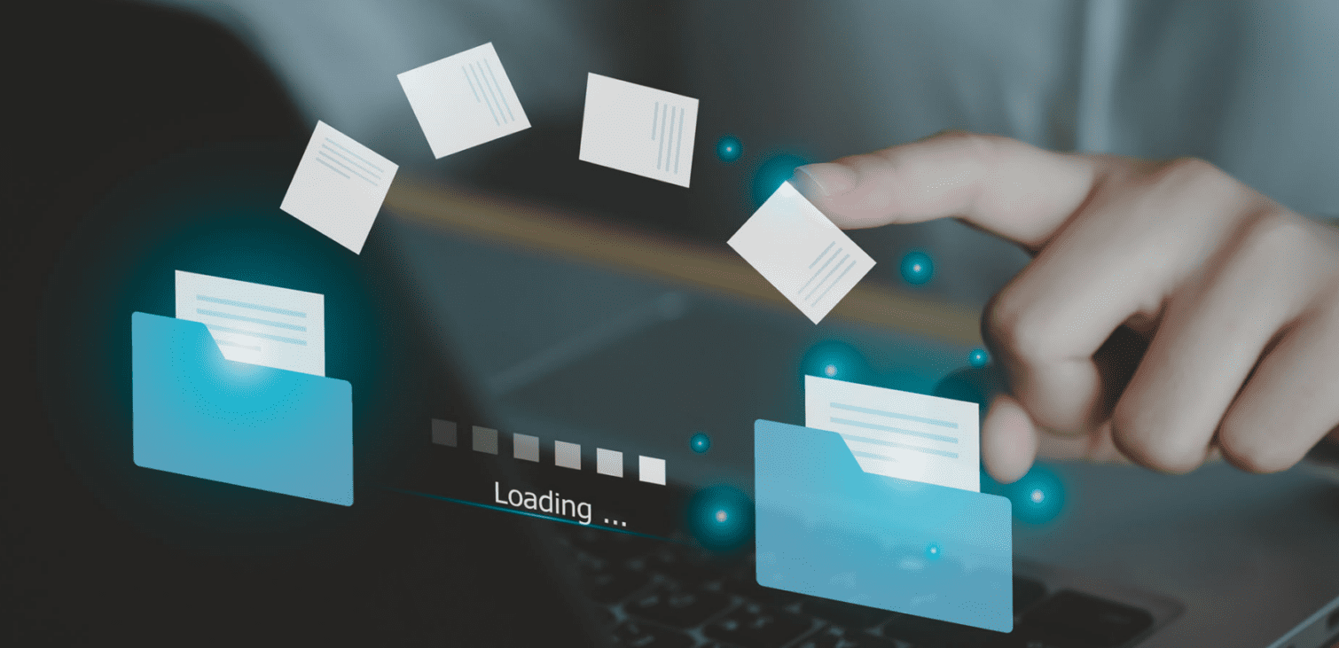 Person's hand interacting with a virtual interface, symbolizing data migration processes with floating digital files and a loading bar, representing the seamless electronic CAD data transition concept featured in Zuken