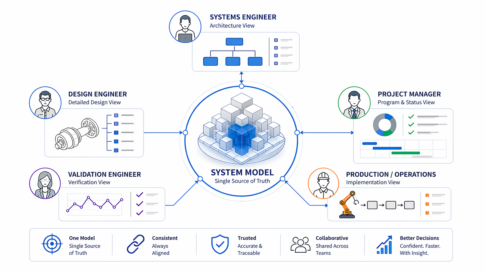 System model shown as a single source of truth connecting systems, design, validation, project management, and production teams through aligned role-specific engineering views.