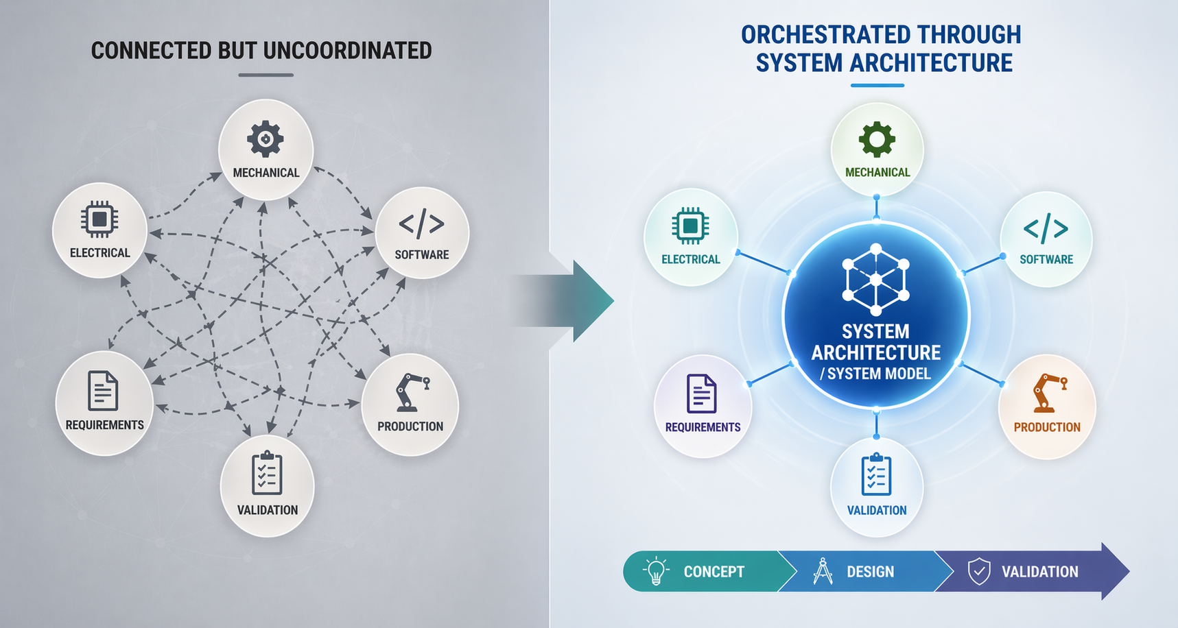 From tool integration to engineering orchestration. A model-based backbone aligns federated systems, enabling traceability, coordinated change, and lifecycle-wide decision-making.
