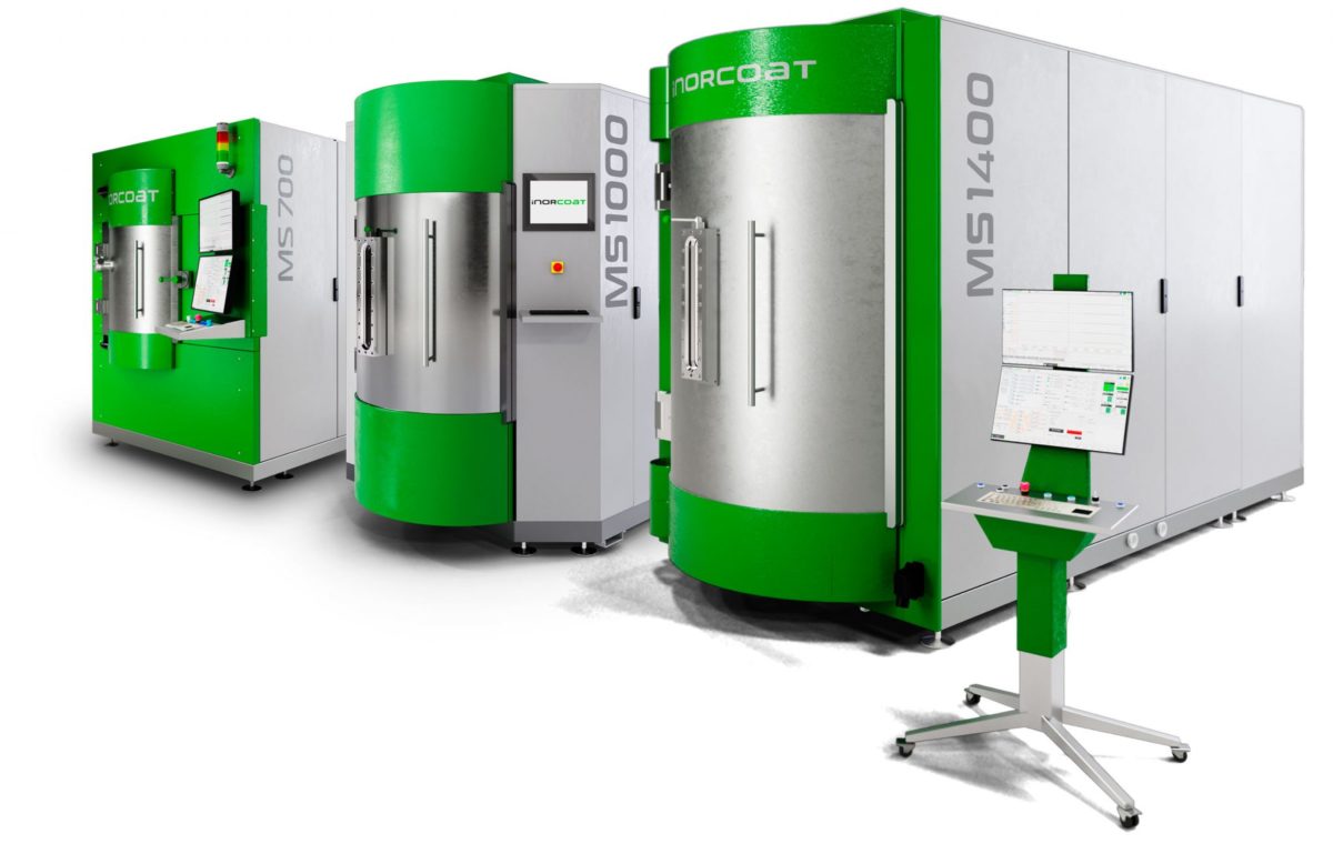 A set of three green and white high-tech coating machines from Inorcoat, designed for environmentally friendly production that is affordable