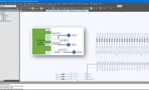 computer-aided design program interface displaying an automatic block update with FPGA pin assignments, featuring a hierarchical block diagram and a timing diagram for electronics design