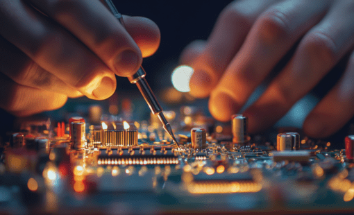hands using a soldering tool on a PCB prototype, illustrating the integration of physical testing with pcb design software