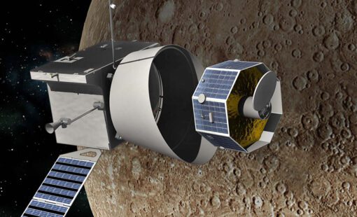 A satellite in orbit around the moon, depicting advanced space technology and exploration, measuring Earth through innovative aerospace equipment and missions