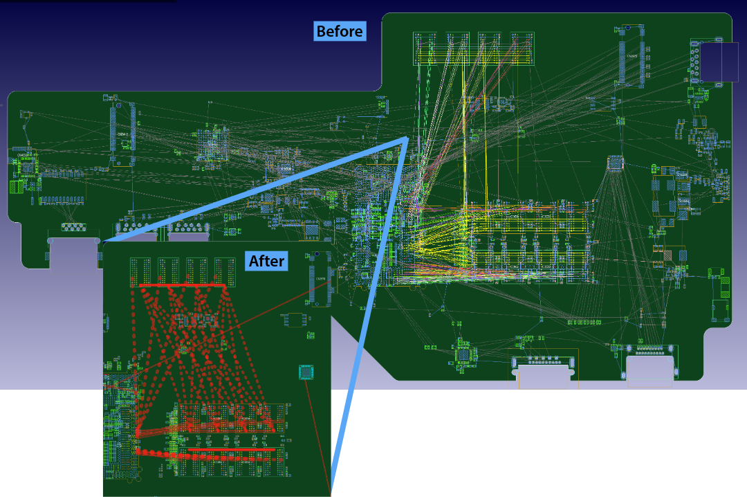 Before-and-after PCB layout views showing dense connection data compared with the simplified Main Path View highlighting primary device connections.