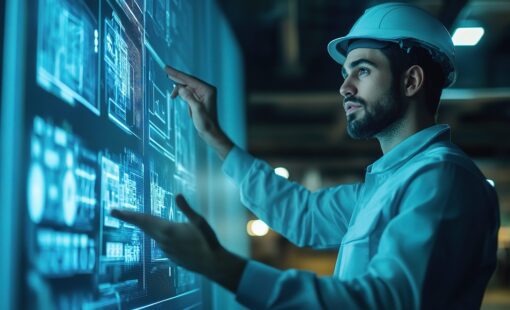 Industrial Automation: A focused engineer interacts with a futuristic holographic interface, showcasing the power of advanced technology in a modern industrial setting
