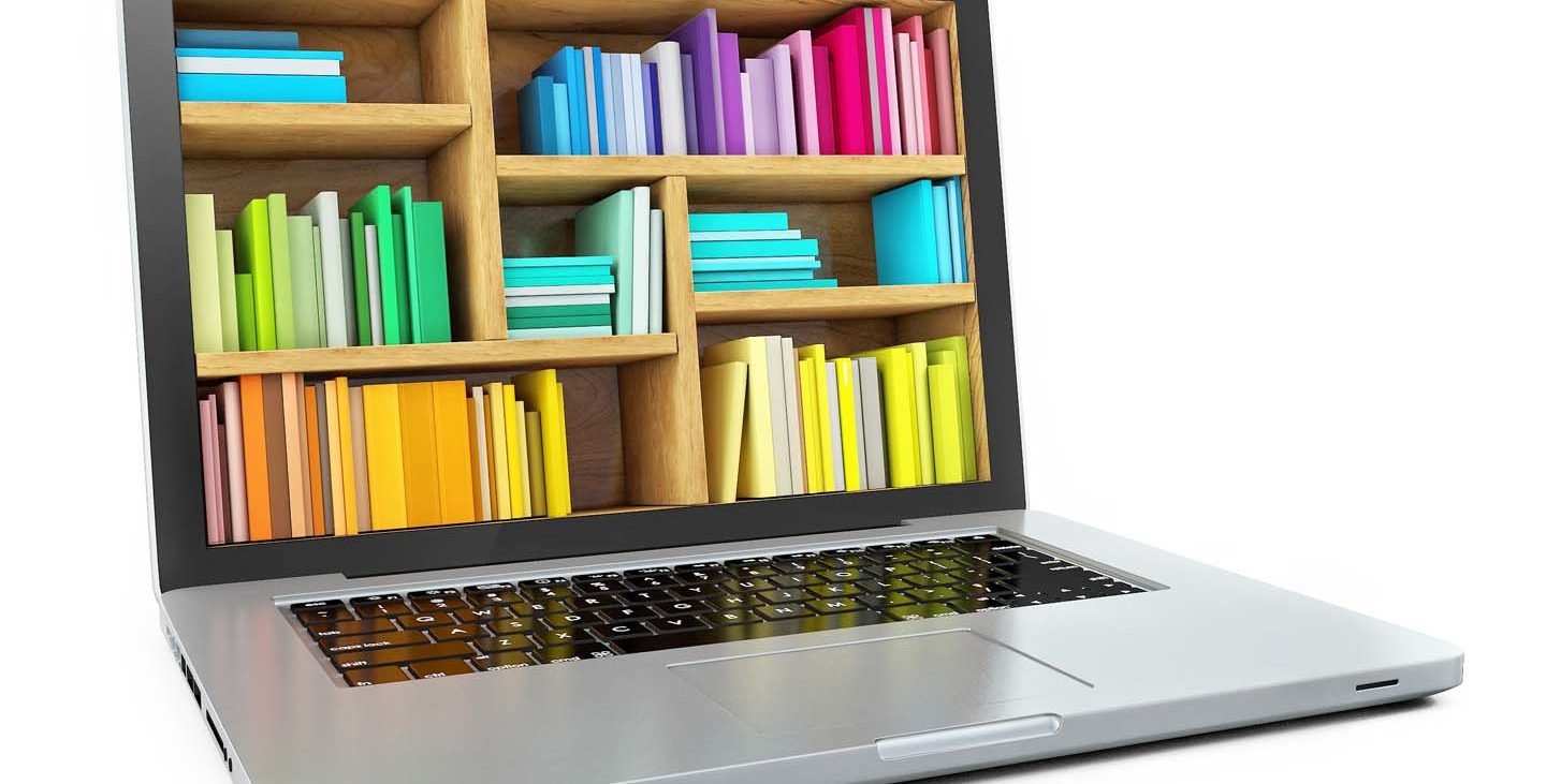 Laptop Computer Bookcase with Multicolor e-books isolated on White Background. Zuken library creation.