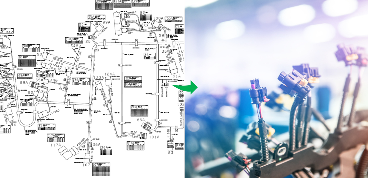 Schematic diagram of a wire harness moving into an actual picture of a completed harness