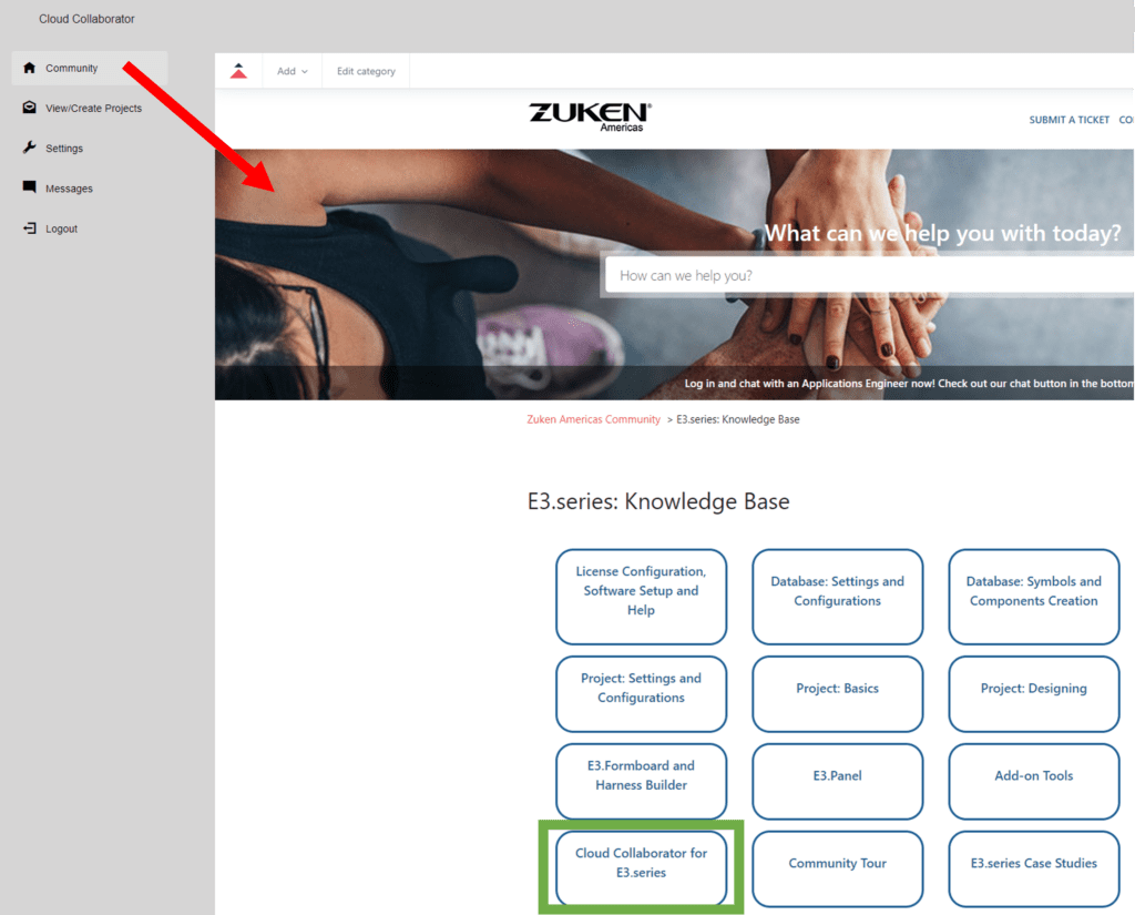 A screenshot showing the Zuken Americas Community opened in Cloud Collaborator for E3.series.