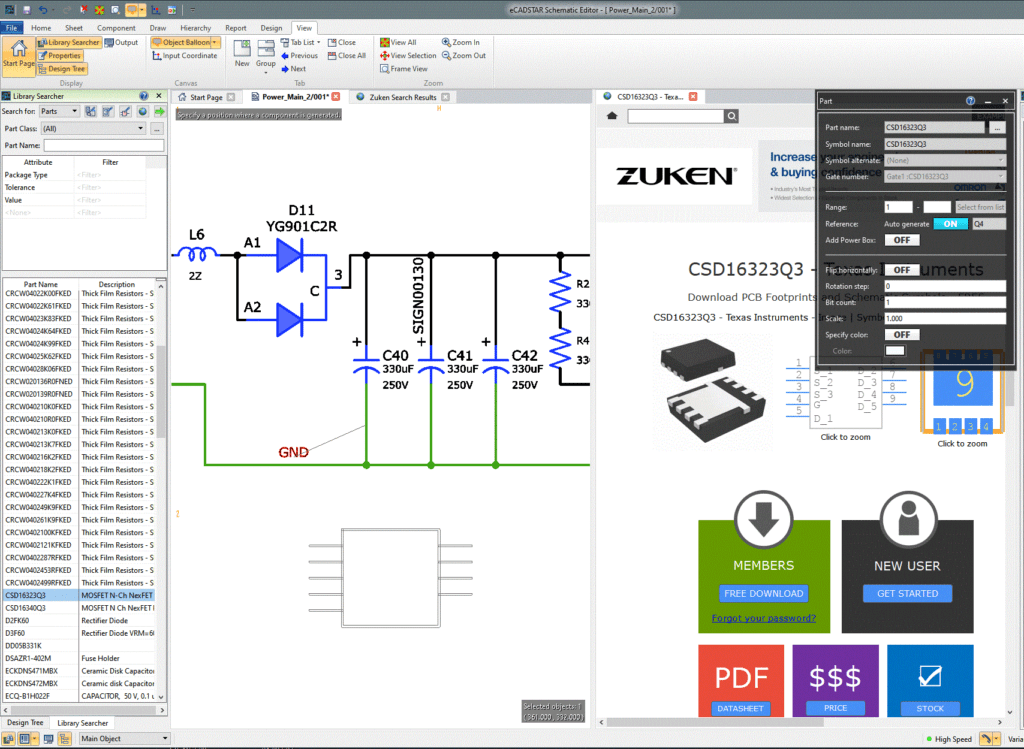 Screenshot of eCADSTAR shown accessing library parts information