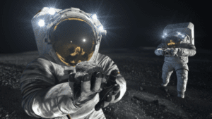 Two astronauts in space holding rocks 