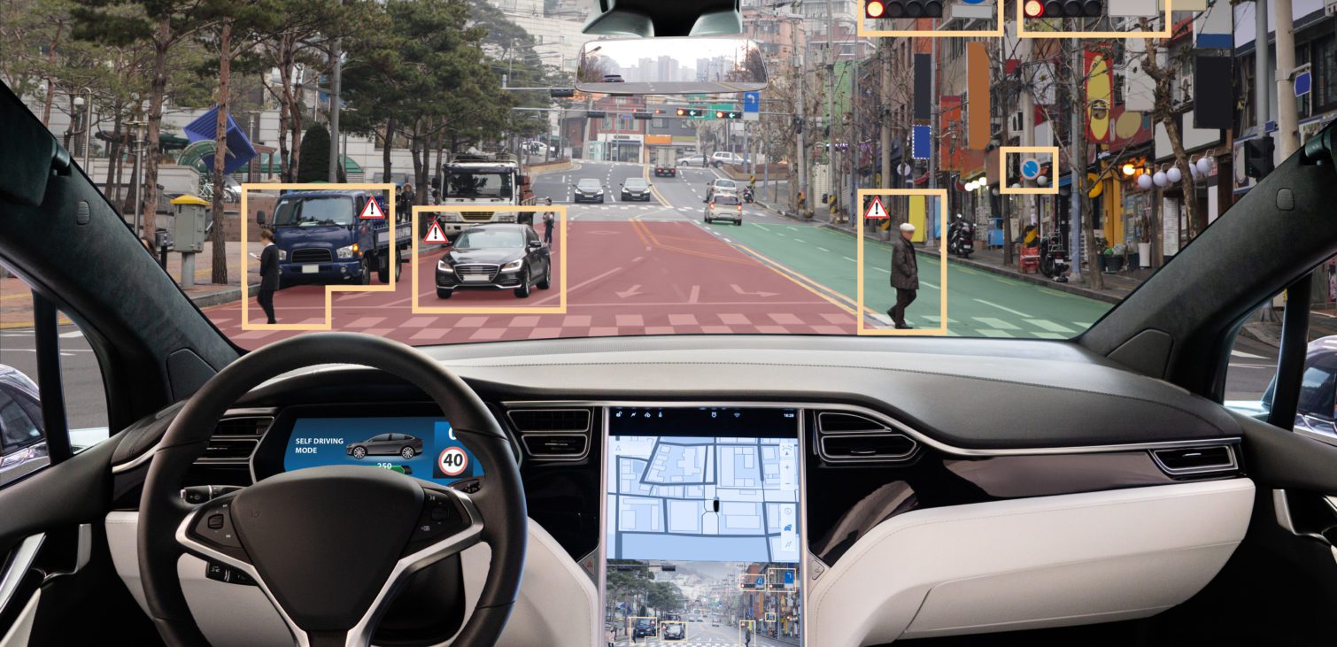 Autonomous car with HUD (Head Up Display). Self-driving vehicle on city street. Low-latency internet.