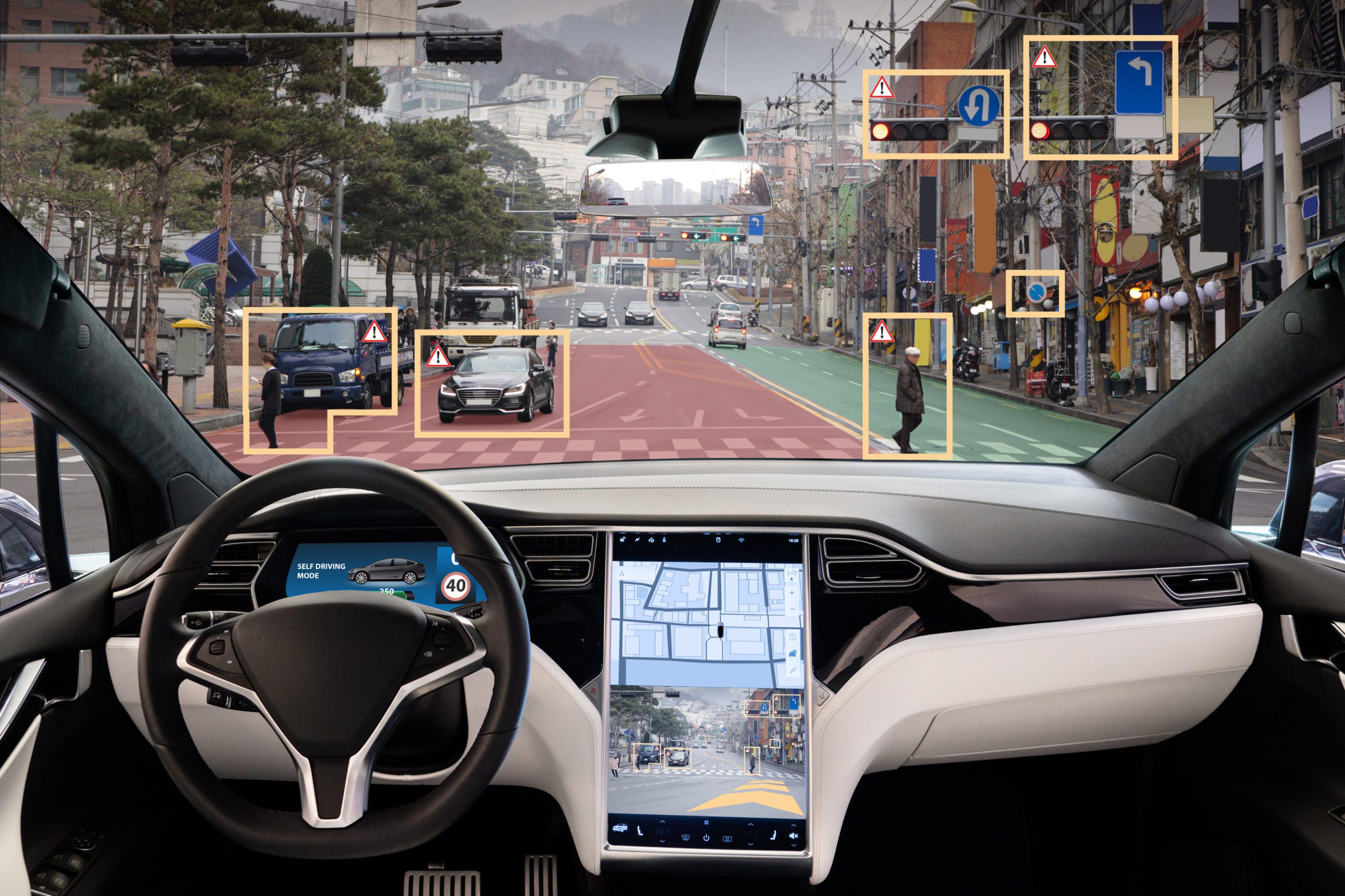 Autonomous car with HUD (Head Up Display). Self-driving vehicle on city street. Low-latency internet.