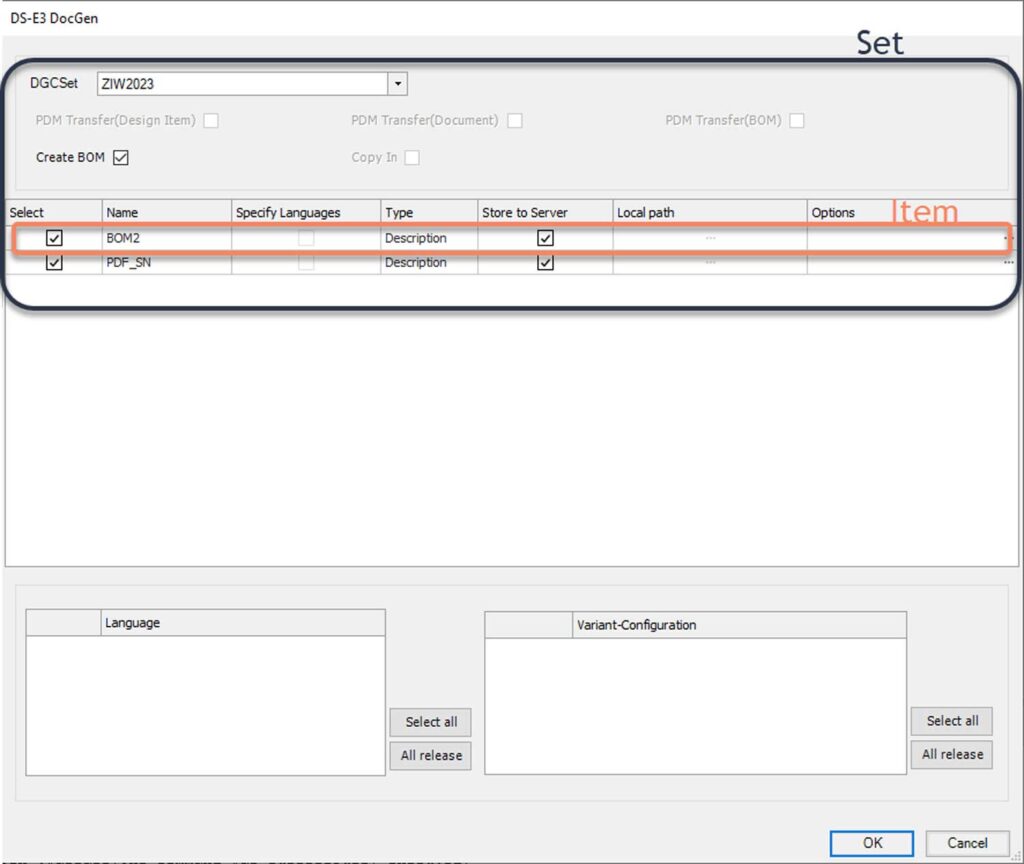 How Document Generation Transforms Engineering Data Management - Screenshot of the Document Generation window showing an item and a set.
