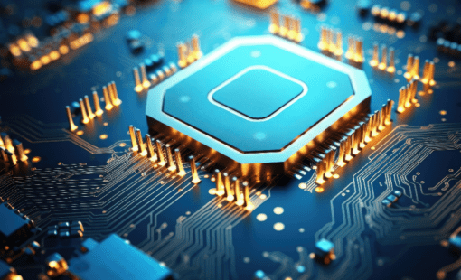 Modern PCB design – an abstract closeup of a Printed Circuit Board in hues of blue and gold