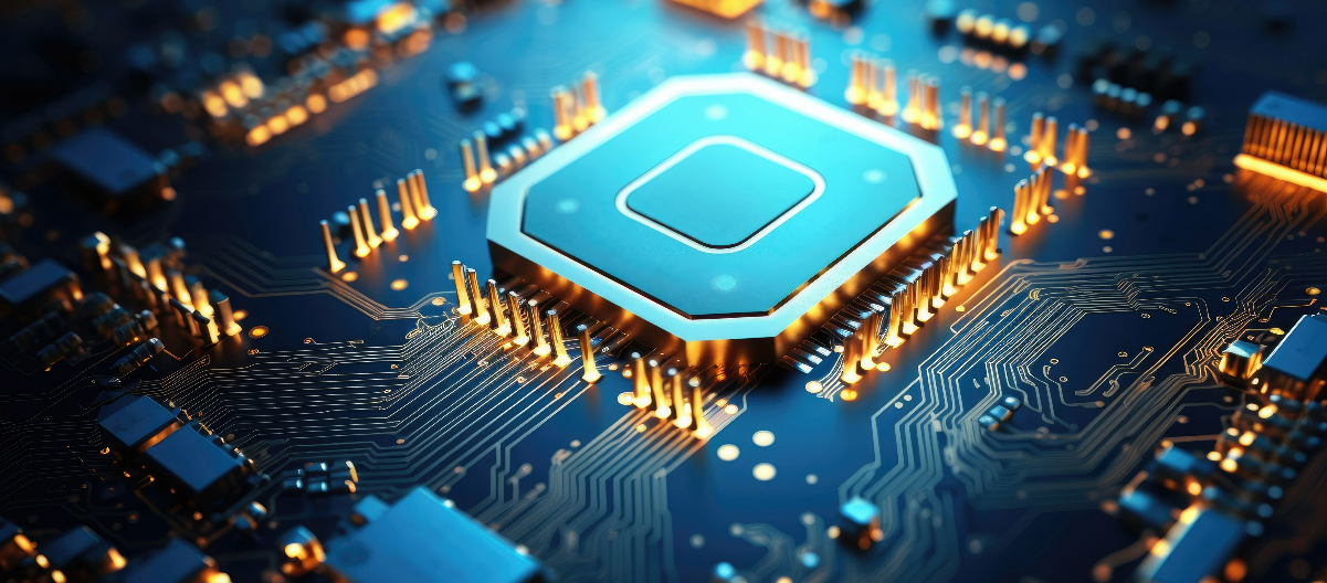Modern PCB design – an abstract closeup of a Printed Circuit Board in hues of blue and gold