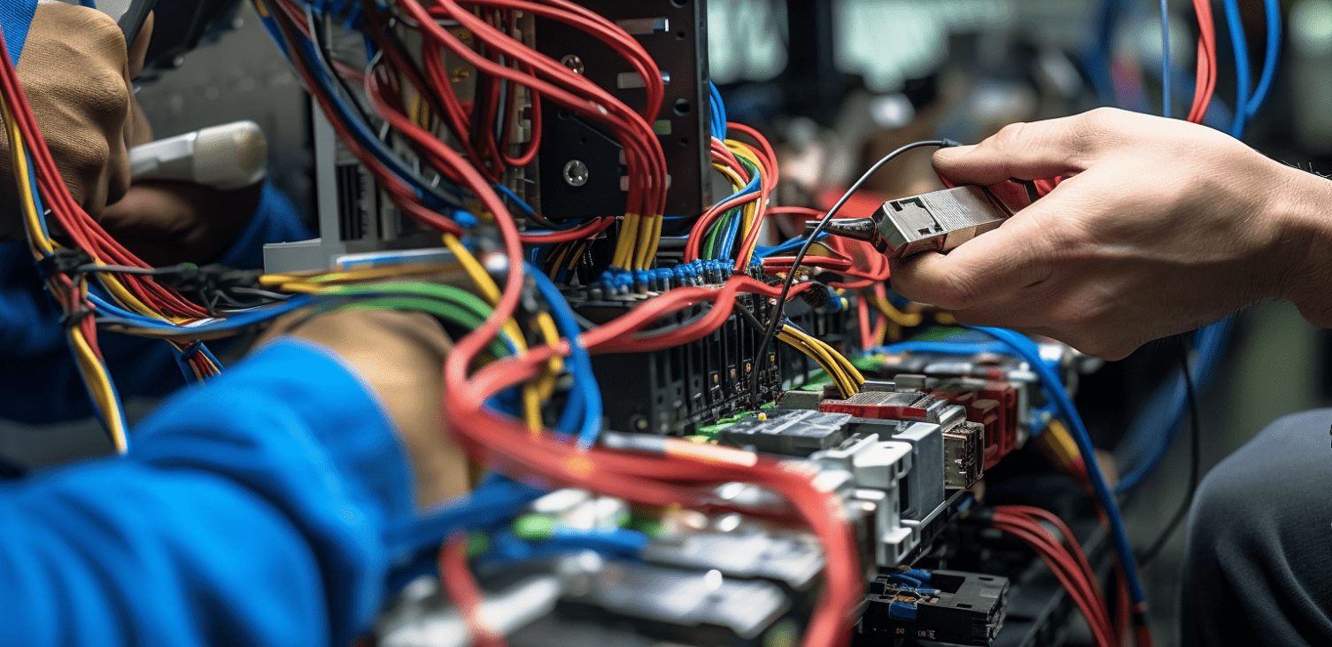 Two people working on a wire harness