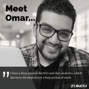 Smiling man with facial hair in a plaid shirt in black and white. Headline reads: Meet Omar.