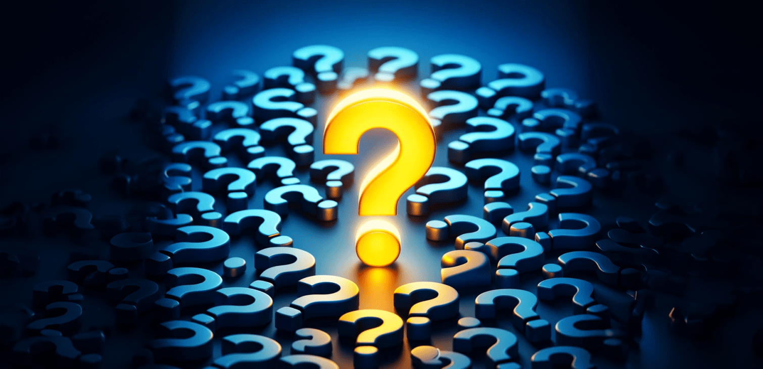 A glowing question mark surrounded smaller 3D question marks in hues of blue