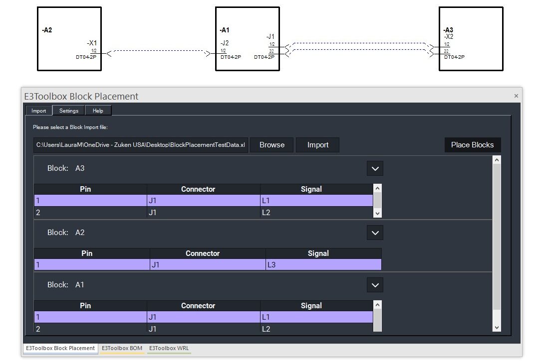 A screenshot showing the new E3.Toolbox Block Placement tool window and the results of running the tool.