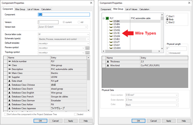A screenshot taken of the FLY wire group Component Properties, showing the Component tab details and the Wire Group tab details. Under the Wire Group tab, the wire types are displayed with the physical data. 