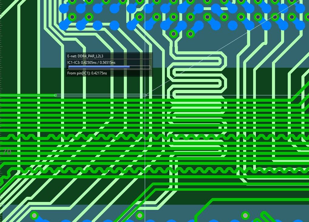 Close-up of a PCB layout in CR-8000 Design Force showing real-time delay visualization with intelligent routing automation and bus alignment.