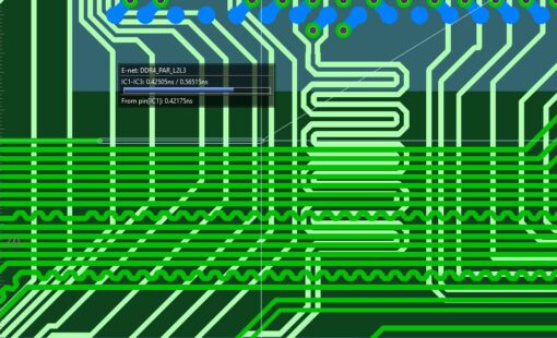 Close-up of a PCB layout in CR-8000 Design Force showing real-time delay visualization with intelligent routing automation and bus alignment.