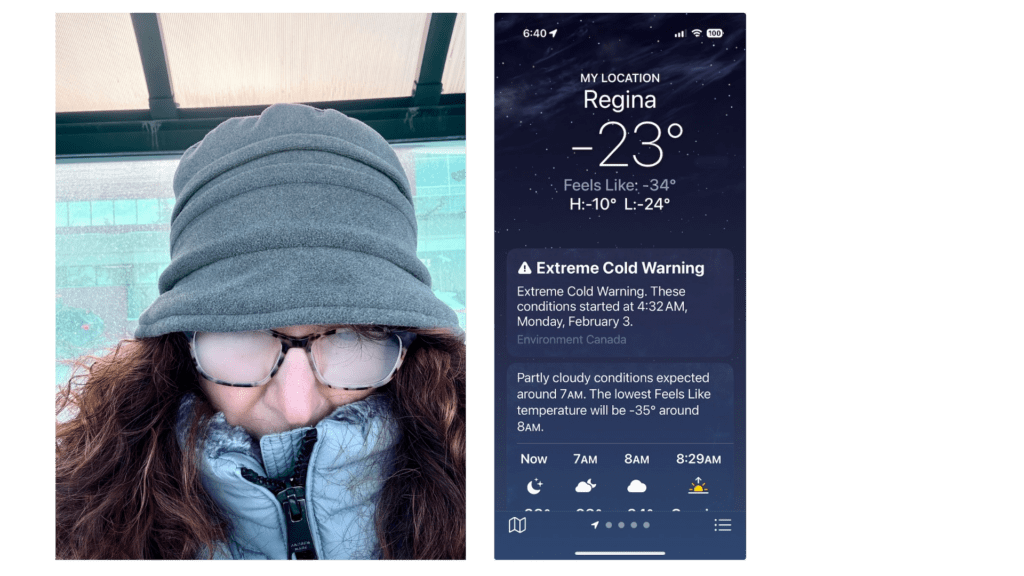 Collage showing Amy Clements bundled in winter gear alongside a weather app screenshot displaying -23°F in Regina, Saskatchewan, during a customer filming trip for and E3.series customer success story.