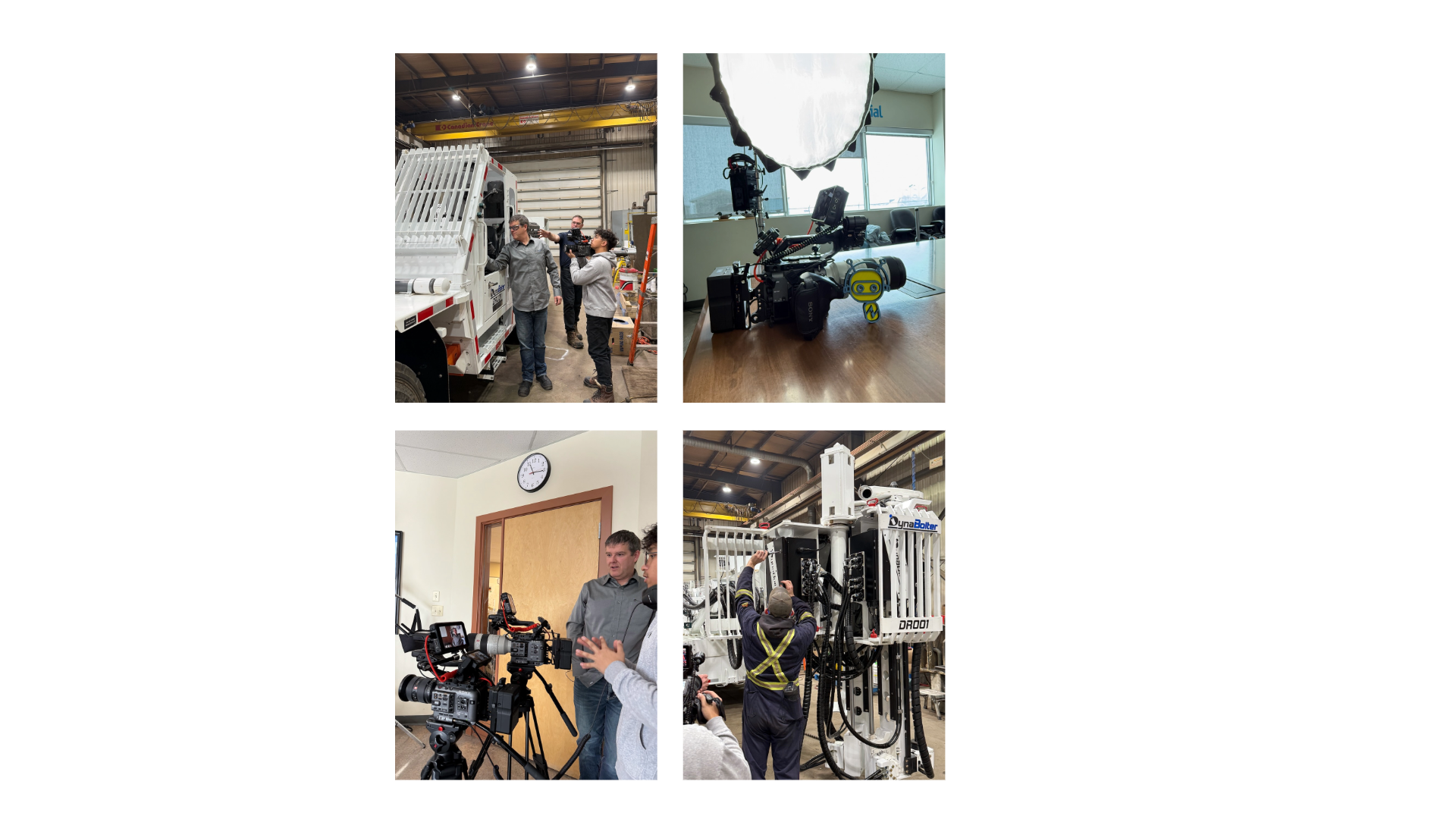 Collage of behind-the-scenes photos at Dyna Industrial, including manufacturing equipment, filming setup, and PAMI and Dyna team members during Zuken’s shoot of an E3.series customer success story.