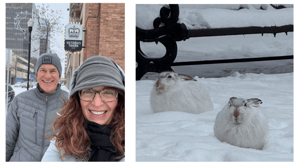 Collage of candid photos from the Zuken trip to Saskatchewan, including giant rabbits spotted during a lunch walk, team members braving the cold, and fun behind-the-scenes moments from the filming trip.