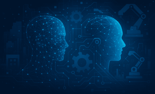 AI generated photos of two heads in blue hue with engineering icons in the background.