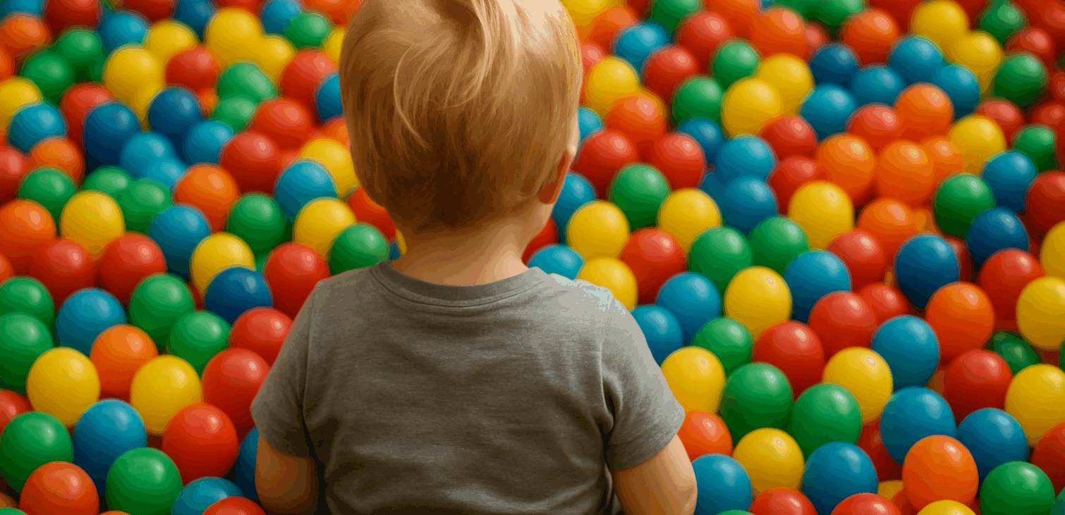 A small child with short blonde hair, seen from behind, sits in the middle of a vibrant ball pit filled with hundreds of colorful plastic balls in red, yellow, green, blue, and orange.