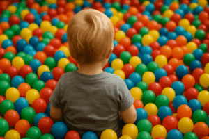 A small child with short blonde hair, seen from behind, sits in the middle of a vibrant ball pit filled with hundreds of colorful plastic balls in red, yellow, green, blue, and orange.
