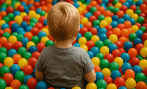 A small child with short blonde hair, seen from behind, sits in the middle of a vibrant ball pit filled with hundreds of colorful plastic balls in red, yellow, green, blue, and orange.