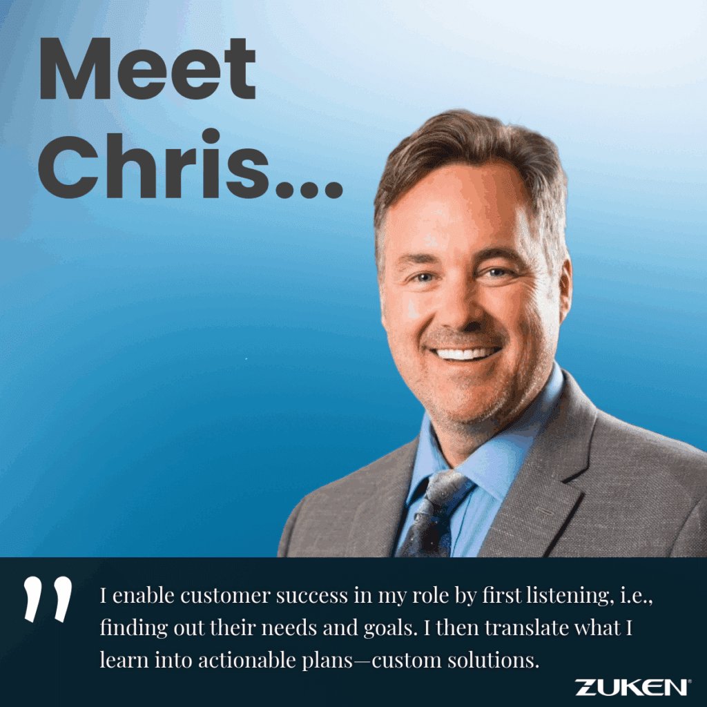 Smiling man in a gray jacket and blue shirt with a tie. Headline reads: Meet Chris